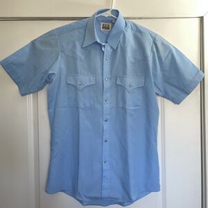 Vintage Ely Cattleman Western Pearl Snap Shirt Short Sleeve Baby Blue Men's  15